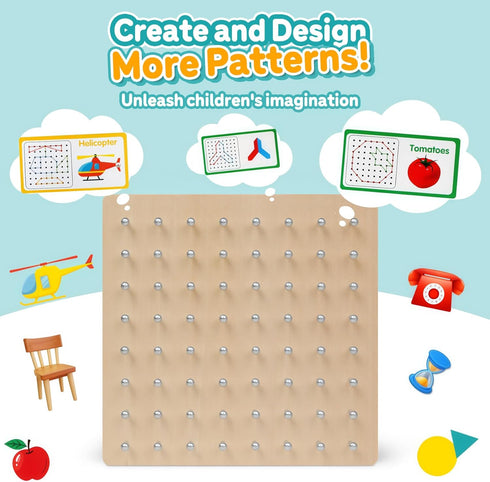 3+ Skrtuan Wooden Geoboard for Kids - Montessori STEM Educational Toy with Pattern Cards & Rubber Bands,Early Fine