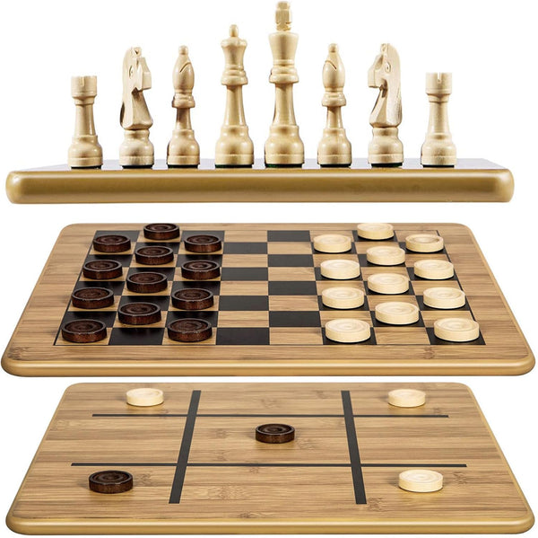 VAMSLOVE Wooden Chess Checkers Tic-Tac-Toe Game Set 11.5" x 11.5" Double-Sided 3