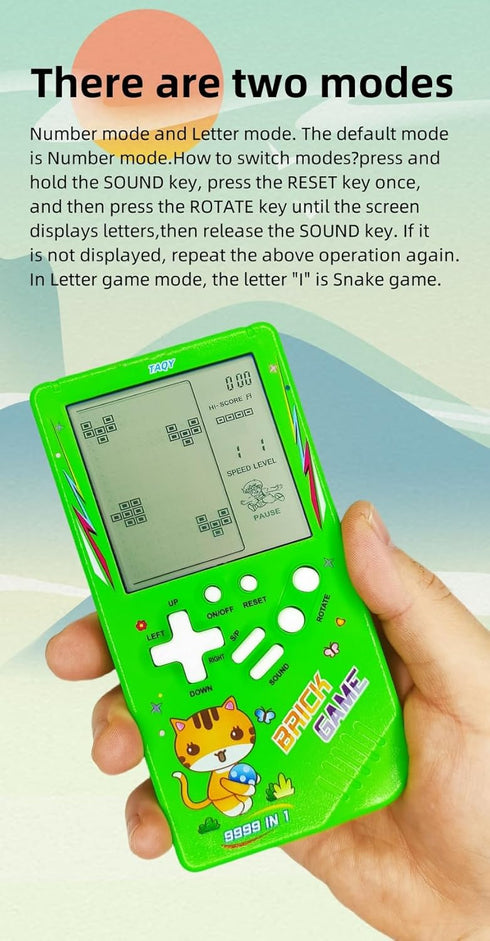 Cute Cat Pattern Block Game Console - 23 Brick Games Retro Mini Game Machine (Green)
