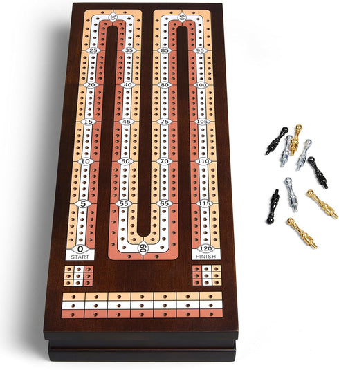 Set 3 9 Pegs2 BIVOMON Wooden Cribbage Board Game with Large Storage Area, Track Cribbage Board, Metal Playing