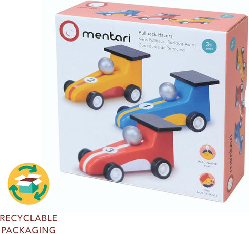 Pullback Racers - Wooden Vibrant Racing Car Trio with Pull-Back for Imaginative Play, Age 3+
