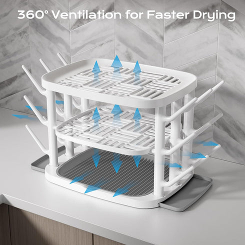 GREENDADI Rack,3-Tier Countertop 360 Baby Bottle Drying Large Capacity Organizer with Ventilation, Removable Drip Tray