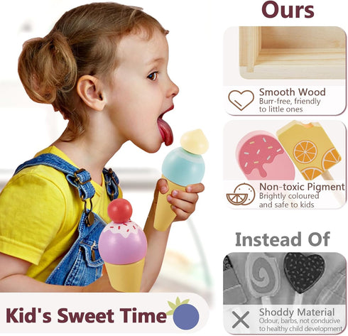 Playset 3 4 5 HERSITY Wooden Ice Cream Stand for Kids, Ice Cream Popsicle Toy Pretend Play Food Kitchen Accessories