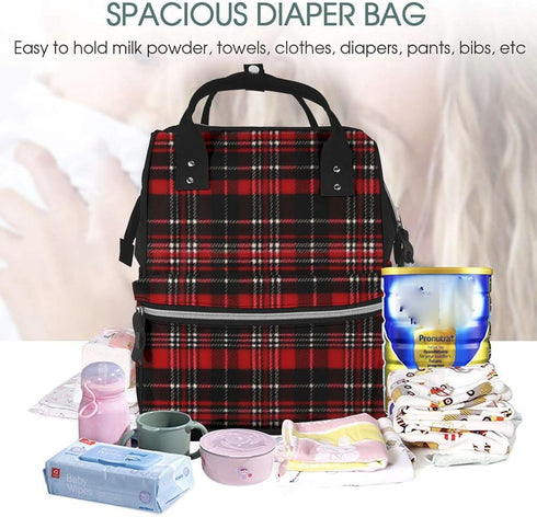FHEDVBN Backpack Mummy Backpacks Daypack Red and black plaid Diaper Bag for Women Multifunction Waterproof for Mom Dad
