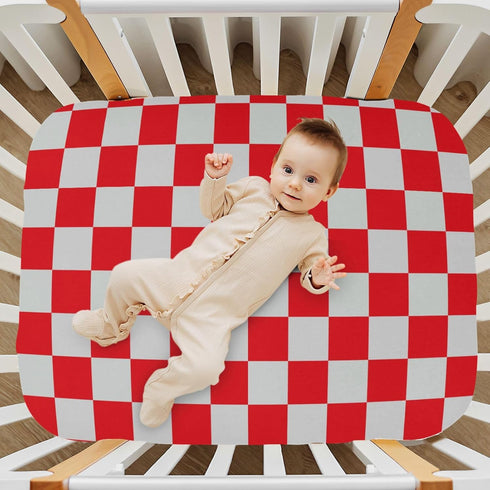 Pigsaly 27x39 Inch Crib Sheets Red Gray Checkered Baby Sheet for Standard Crib Mattress Boys Girls Toddler Bed Sheets
