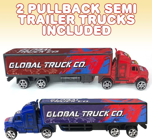 Set 2, ArtCreativity Semi Truck Toys for Boys, of Pull Back Truck Toys for Kids in Red & Blue, Trailer Trucks for Hours