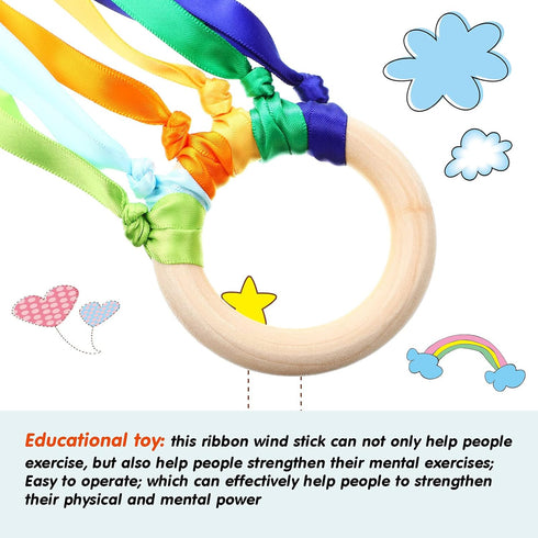 6 Pieces Ribbon Hand Kite Montessori Toy, Creative Waldorf Toy with Wood Ring, Bright Colors for Birthday Party