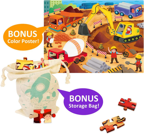 MoinKidz 100 Piece Wooden Jigsaw Puzzles for Kids Ages 4-8 - Unique Construction Site Puzzle with Tray