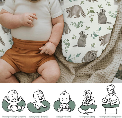 Watercolor Raccoon Baby Nursing Pillow Covers for Boy Girl Raccoons Green Leaves Nursery Pillowcase for Breastfeeding