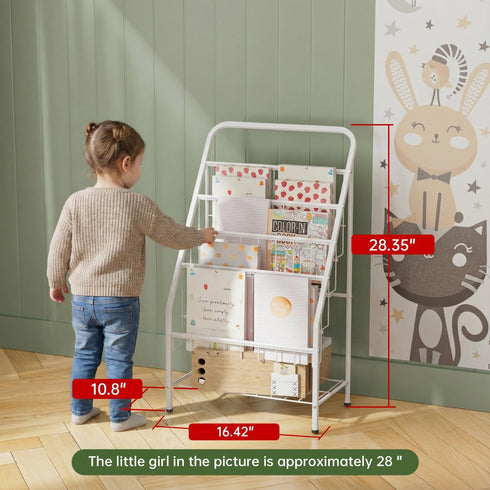 4-Tier (28.35" JAQ White Kids Bookshelf, Metal Book Display Rack for Small Spaces, Modern Toddler Bookshelf for Nursery