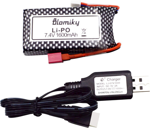 Blomiky 1 Pack 11.84Wh 7.4V 1600mAh T Connector Plug Li-Po Battery with USB Cable for 9125 RC Truck Cars
