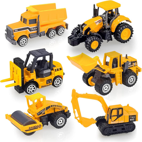 Diecast Construction Vehicle Set for Kids, Alloy Mini Model Dump Truck, Bulldozer, Roller, Tractor, Forklift, 6 Pack