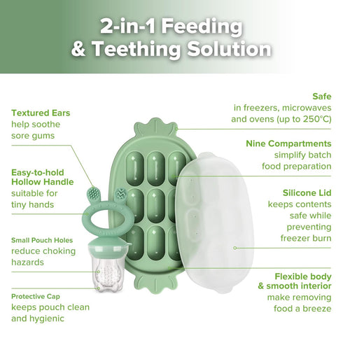 Haakaa Baby Fruit Food Feeder & Silicone Freezer Nibble Tray Combo - Breastmilk Popsicle Mold for Baby Cooling Relief
