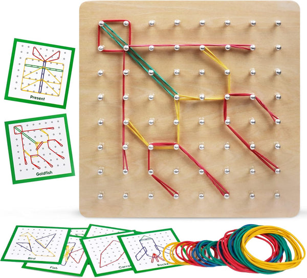 Wooden Geoboard Math Manipulative - Graphical Geo Board Montessori Educational Toys with Rubber Bands
