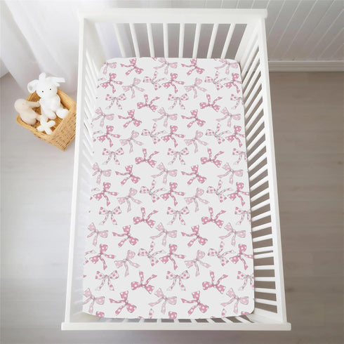 Selgkds 52''x28'' Pink Dot Bows Baby Crib Sheets for Girls Sweet Girly Bows Soft Stretchy Fitted Crib Mattress Covers