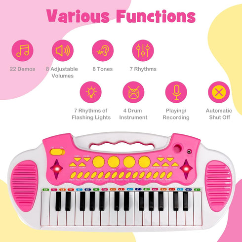 31-Key HONEY JOY Kids Piano Keyboard, Electronic Piano Educational Musical Instrument Toy with Microphone, Sounds