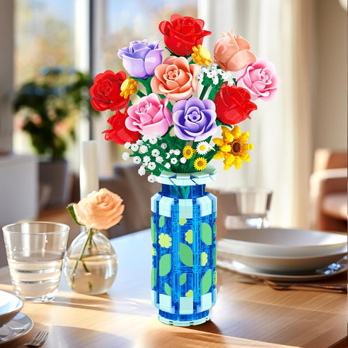 Set 16 CUBIMANA Roses Flowers Building with Vase & LED Light, for Her, Mini Flowers Bouquet Building Blocks Toy
