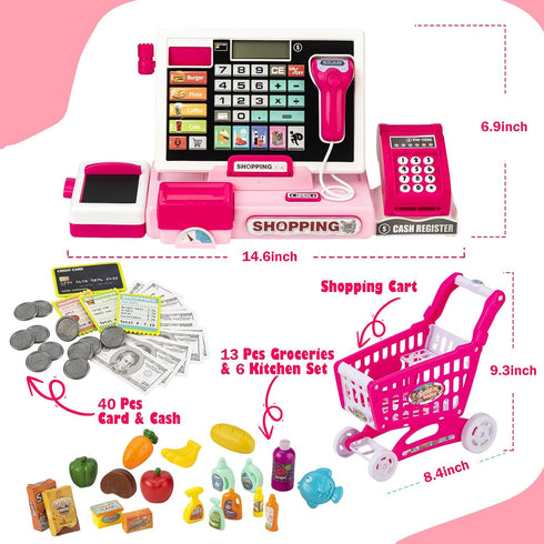 Kids Cash Register Toy with Shopping Cart - Toddler Pretend Play Store Cashier Register with Music and Calculator
