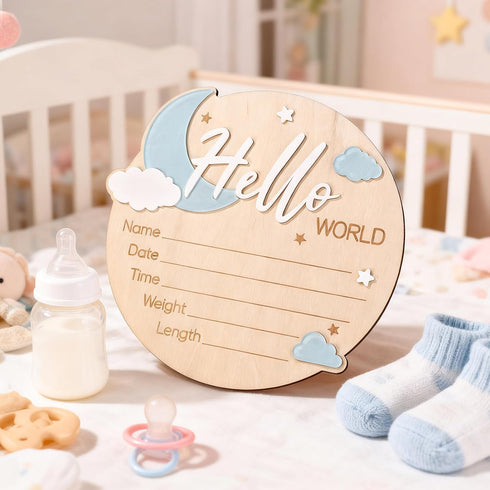 Penitue 15cm/5.91in Baby Announcement Sign, Wooden Hello World Newborn Welcome Sign Birth Baby Name Plaques