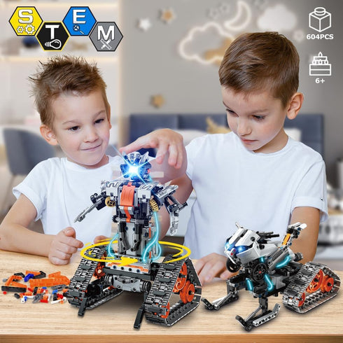 HOGOKIDS 5 in 1 STEM Building Set with LED Light - APP & Remote Controlled Cars Building Toys Kit, RC Robot Tank Sleigh