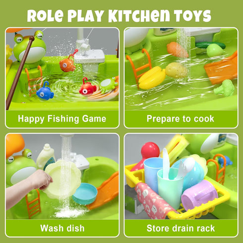 Aukful Play Sink with Running Water,Kids Sink Toy with Automatic Water Cycle System,Sink Fishing Game Toy with Food