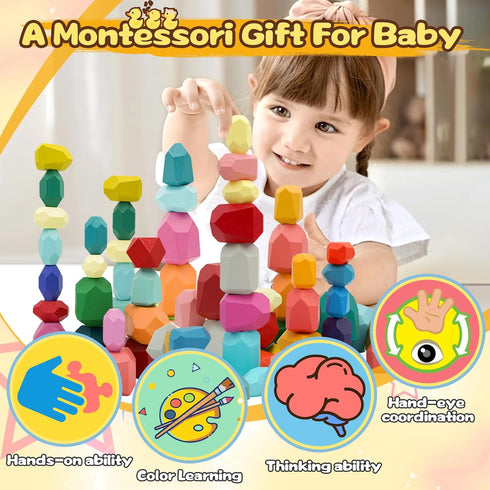 MEGRANATE 39PCS 3+ Montessori Wooden Stacking Rocks Toys Colorful Stacking Stones Building Blocks Games Sensory Toy