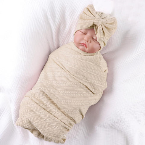 OMUKY Newborn Receiving Blanket Bow Headband and Beanie Set, Baby Swaddle Wrap (Khaki)