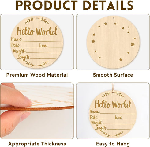 KINYFY 5.9 Inch Baby Birth Announcement Sign, Round Hello World Newborn Signs with Marker Pen and Ink Pad, Wooden
