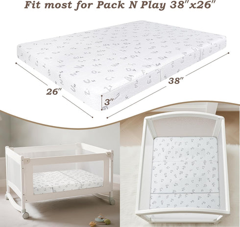 Pack 38"x26" Pack and Play Mattress Trifold- N Play Mattresses Pad with Breathable Removable Cover - Dual-Sided Memory