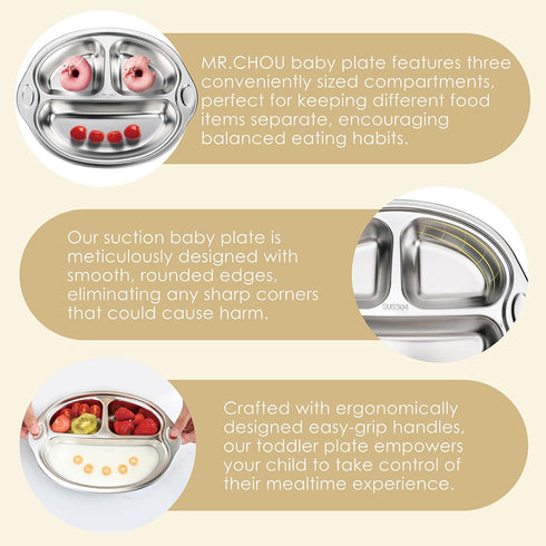 MR. CHOU Baby Plates with Suction - Stainless Steel Divided Toddler Plates, Compartment Suction Plate for High Chair