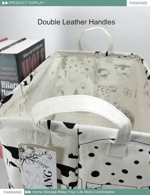 FANKANG Storage Basket, Nursery Hamper Canvas Laundry Basket, Foldable with Waterproof Coating (L, Rec-cows)