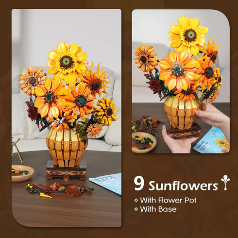 Set 12+, 1180PCS PLAXSOON Sunflower Building with Lights Vase Base, Flowers Botanical Collection Building Block