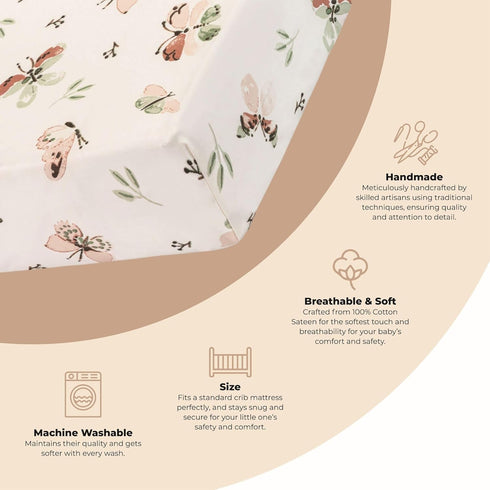 100% (28"x 52"), Crane Baby Crib Sheet - Cotton, Breathable Fitted Sheet for Standard Crib Mattress Butterfly Pattern
