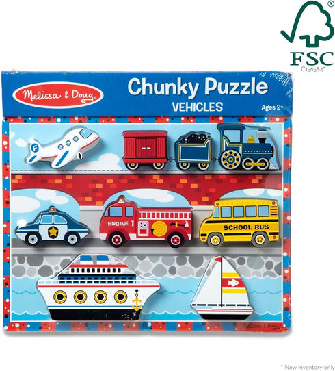 Melissa & Doug Wooden Chunky Puzzle - Vehicles Plane, Train, Cars, Boats (9 pcs)