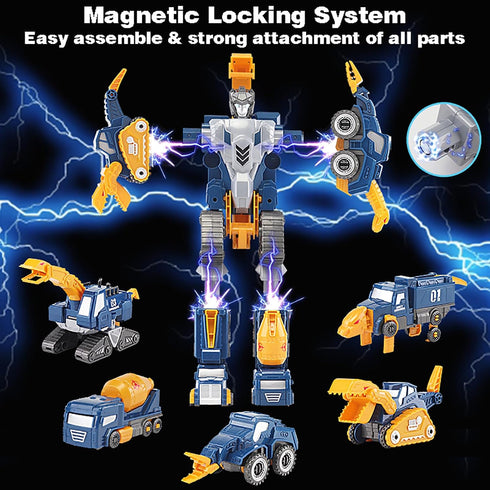 Set, 5pcs 3 4 5 6 7 Toddler Construction Car Transform Dinosaur Rescue Robot with Magnetic Connectors, Assemble