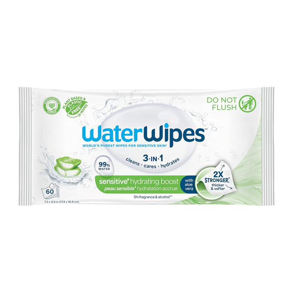 WaterWipes Sensitive+ Hydrating Boost Wipes, 3-In-1 Cleans, Cares, Hydrates, 99% Water with