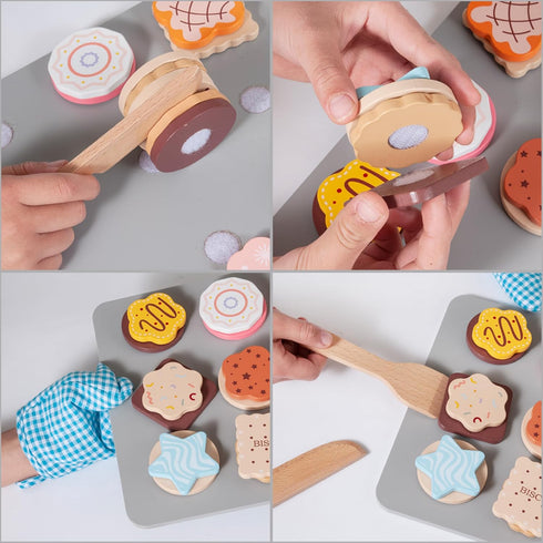28pcs Playset, Set Wooden Cookie Maker Toy Kitchen Accessories, Kids Play Kitchen Cutting and Baking Food Toys Cookies