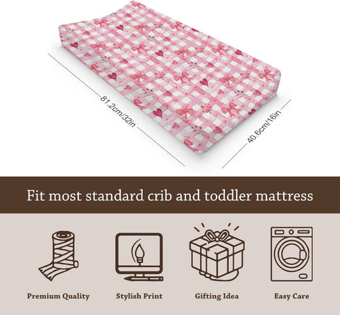 KuphiL10C Girls-16x32 Watercolor Valentine's Day Bows Hearts Checkered Flowers Floral Pattern Baby Changing Pad Cover