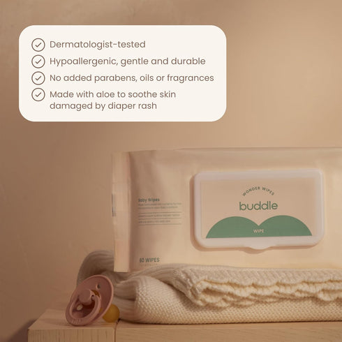 2-Piece 6.7oz, 60 Buddle Clean Cheeks & Wonder Wipes Kit, Foam Cleanser for No-Rinse Baby Cleansing, Wipes