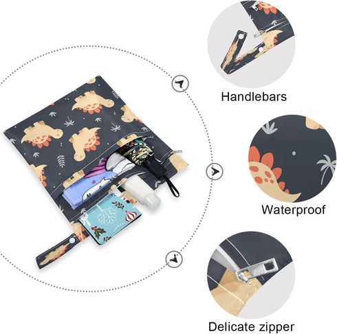 Burbuja 2 Pack, 2 Dinosaurs Wet Dry Bags for Baby Cloth Diaper Waterproof Reusable Wet Bag with Zippered Pockets