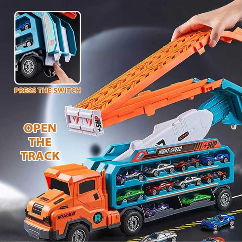 Hot Carrier Transport Truck Toys - 7-in-1 Big Storage Truck with Dual-Racing Track, 6 Die-Cast Cars, Gift for Kids