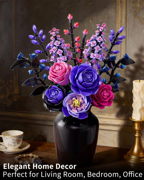 TYCOLE Set 6-12 (806PCS) Flowers Bouquet Building - Purple Roses Botanical Collection Building Blocks for Adult Women