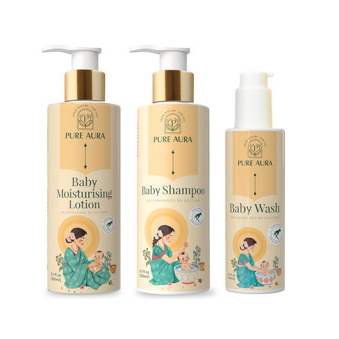 PURE AURA Baby Care Set, Ayurvedic Tear-Free Shampoo, Body Wash & Moisturizing Lotion, Natural
