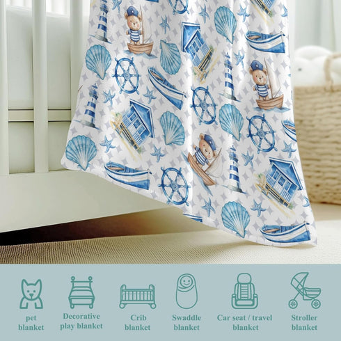 Wicbfdfv 30x40inch Cute Nautical Sailor Bears Lighthouse Ship Baby Blankets for Boy Girl Anchors Compasses Shells
