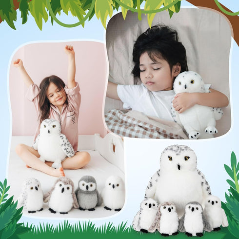 Hollowfly 5 Set 12.6" 4 Set Pcs Snowy Owls Plush Toy Gift Mom Owls with Cute Babies Stuffed Animal in Zippered Back