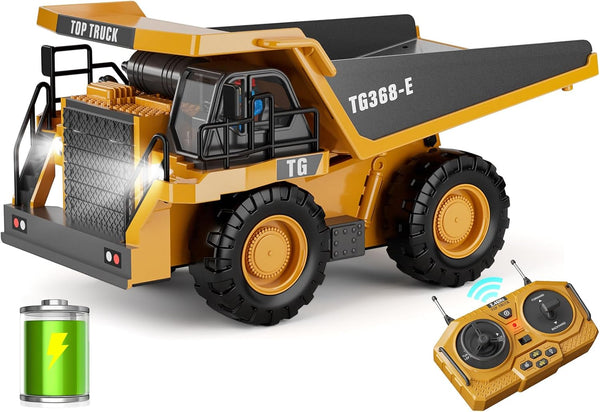 RC Dump Truck Toy, 9-Channel Remote Control Vehicle with Metal Bed & Light, Rechargeable for Kids Ages 3-12+
