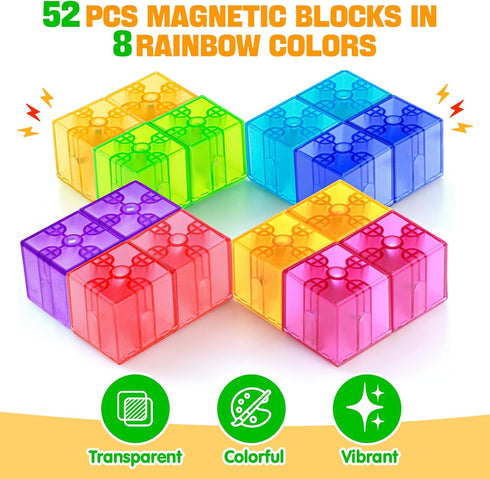 52pcs Magnetic Blocks - Translucent Magnetic Cubes, Building Blocks Magnet Toys for Kids, Montessori STEM Sensory Toys