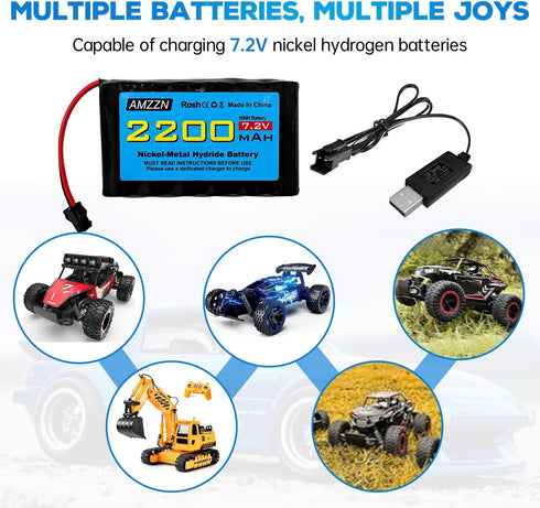 7.2V 2200mAh AA NiMH Battery with SM-2P Plug and USB Charging Cable for Huina 1550 550 RC Excavator, Car, Truck