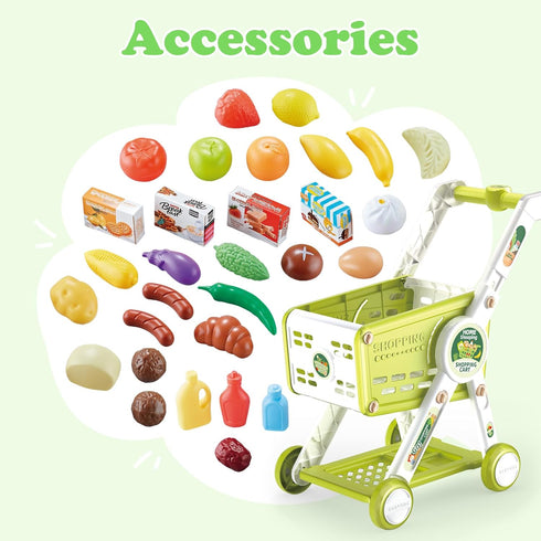 31PCS 3+ Supermarket Shopping Cart for Kids, Shopping Trolley Cart Toy with Play Food Shop Accessories, Pretend Play