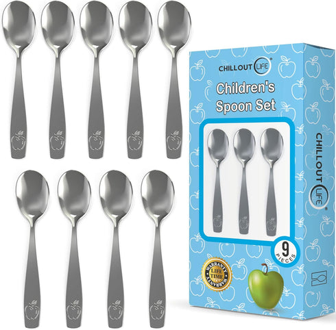 9 Piece Stainless Steel Kids Spoons, Child and Toddler Safe Flatware, Metal Kid Cutlery Set for Dessert, Dinner Spoon